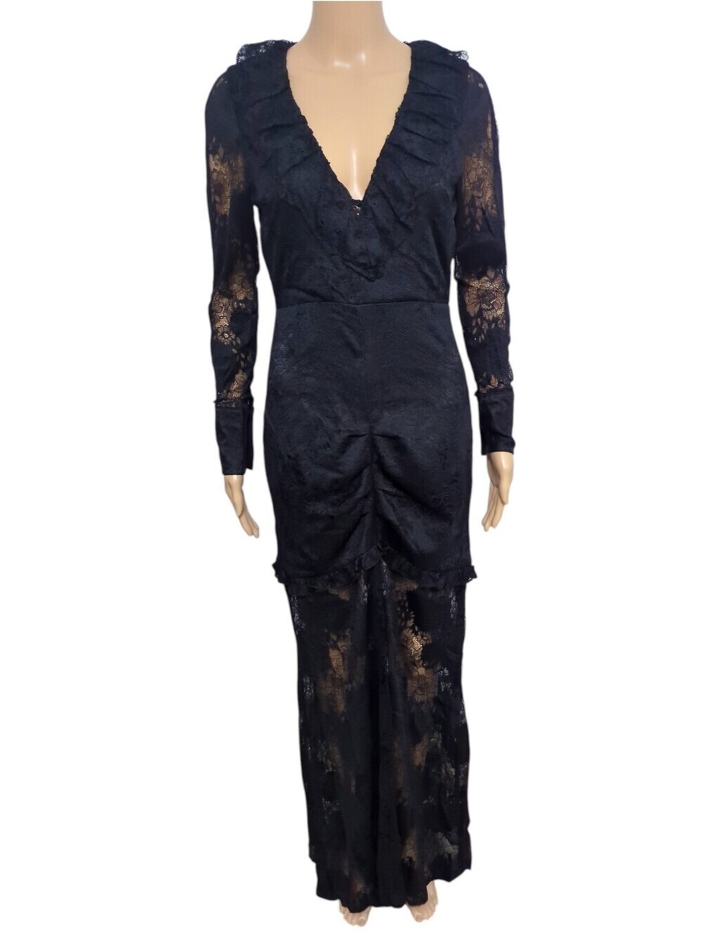 Alexis Lucasta Black Lace Maxi Dress S Ruched Sheer Gothic Victorian Romance - Picture 2 of 10